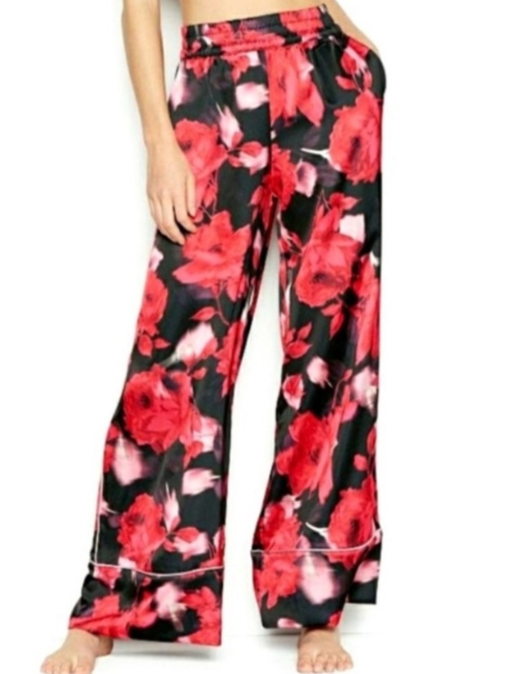 Victorias Secret Luxe Red Rose Wide Leg Satin Pajama Pants Size Large